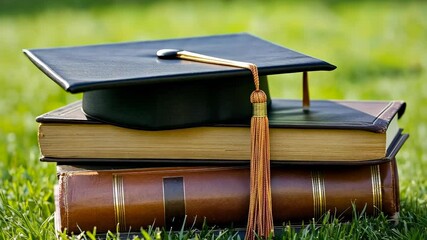 Graduation cap resting on books amid grass, symbolizing scholarly achievement, learning milestone, educational journey completion - video 4K