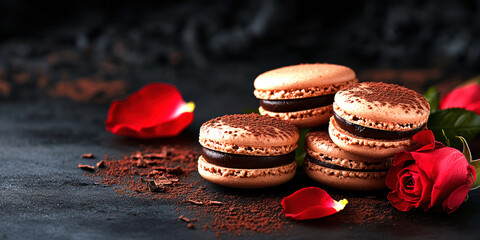Indulge in a visually stunning arrangement of chocolate macarons, delicately dusted with cocoa powder, complemented by vibrant rose petals for an exquisite dessert experience.