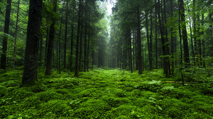 Obraz premium Misty forest path, green moss, nature scene, tranquil background, eco-tourism