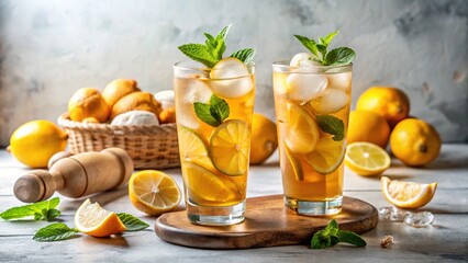 Fototapeta premium Cool lemon ginger iced tea, a refreshing summer treat.