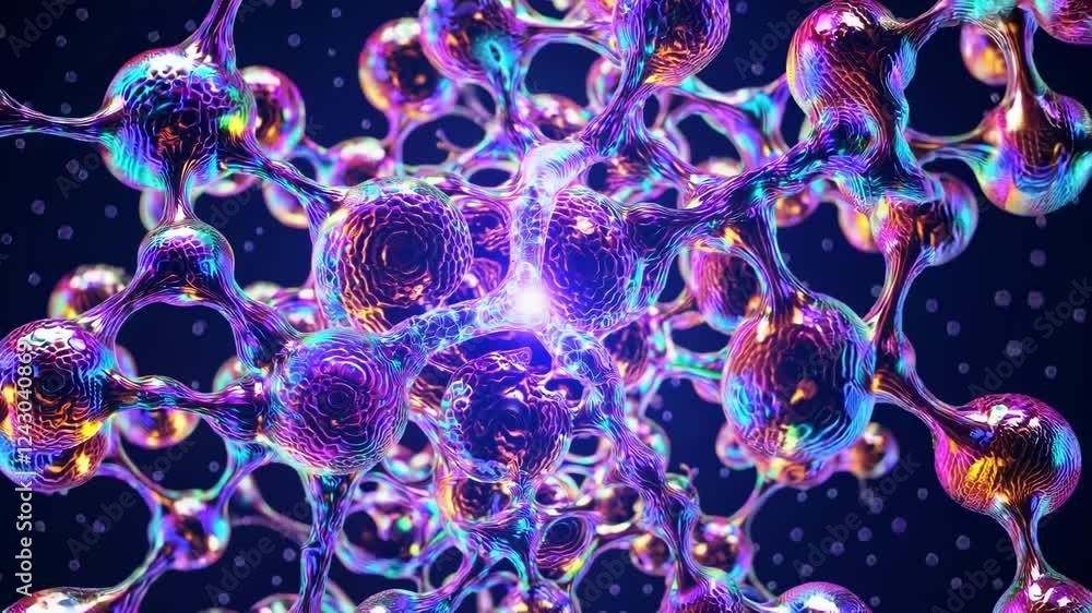 Aufkleber a close-up of a complex molecular structure with textured spherical nodes connected by organic strands.