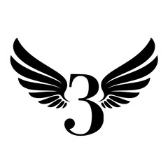 Obraz premium Winged Number 3 Black Logo Design, Black number 3 with symmetrical wings, creating a bold and stylish logo. Ideal for branding, aviation, creativity, sports, or business identity. 