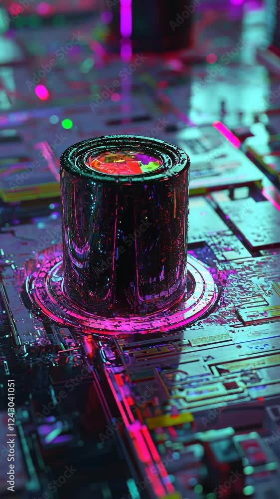 Poster brightly colored abstract representation of technological circuits with a central cylindrical struct