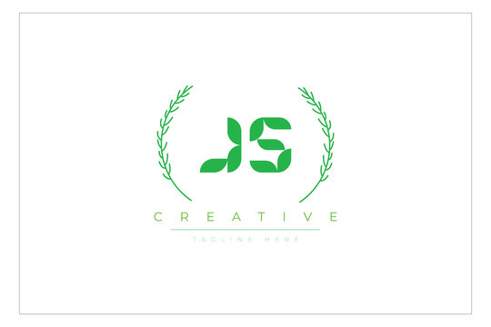 JS letters eco logo with leaf. Fresh nature and healthy leaf logo design.