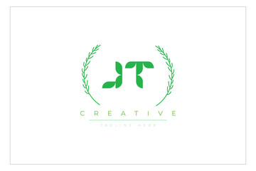 JT letters eco logo with leaf. Fresh nature and healthy leaf logo design.