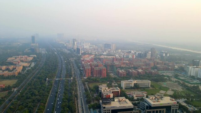 Aerial drone shot capturing Amity university in Noida India along the expressway
