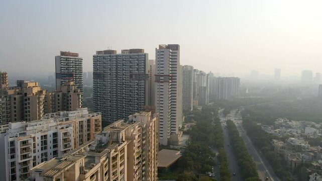 Aerial drone shot capturing County 107 skyline project in Noida India