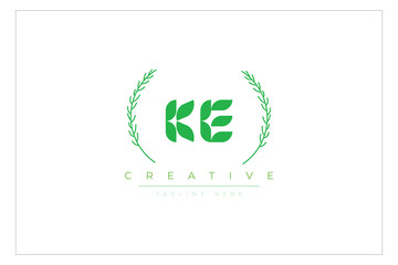 KE letters eco logo with leaf. Fresh nature and healthy leaf logo design.