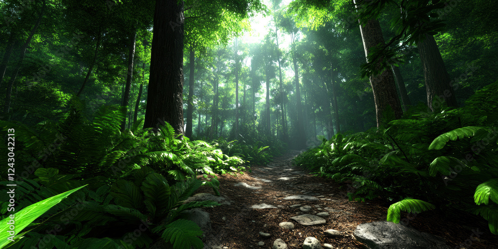 Aufkleber discover a serene forest pathway, surrounded by lush greenery and gentle sunlight filtering through 