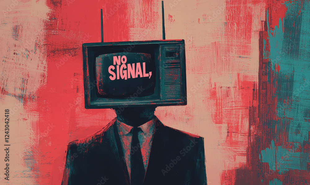 Poster surreal artwork depicting a headless suit with a retro television displaying 'no signal' in a colorf