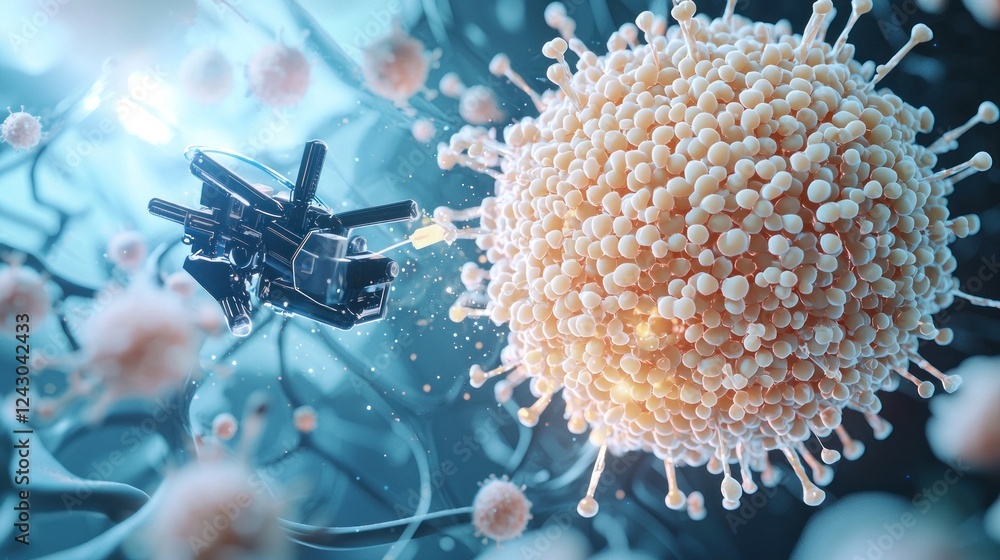 Poster nanorobot attacking virus cell 3d render