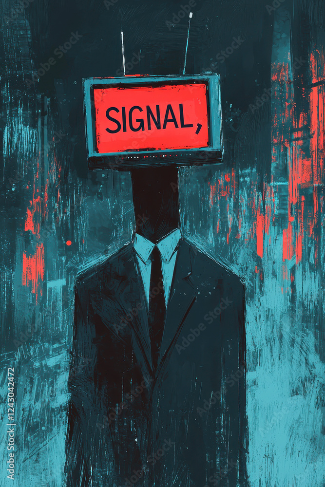 Poster surreal artwork depicting a headless figure with a tv signal displayed in place of head, symbolizing