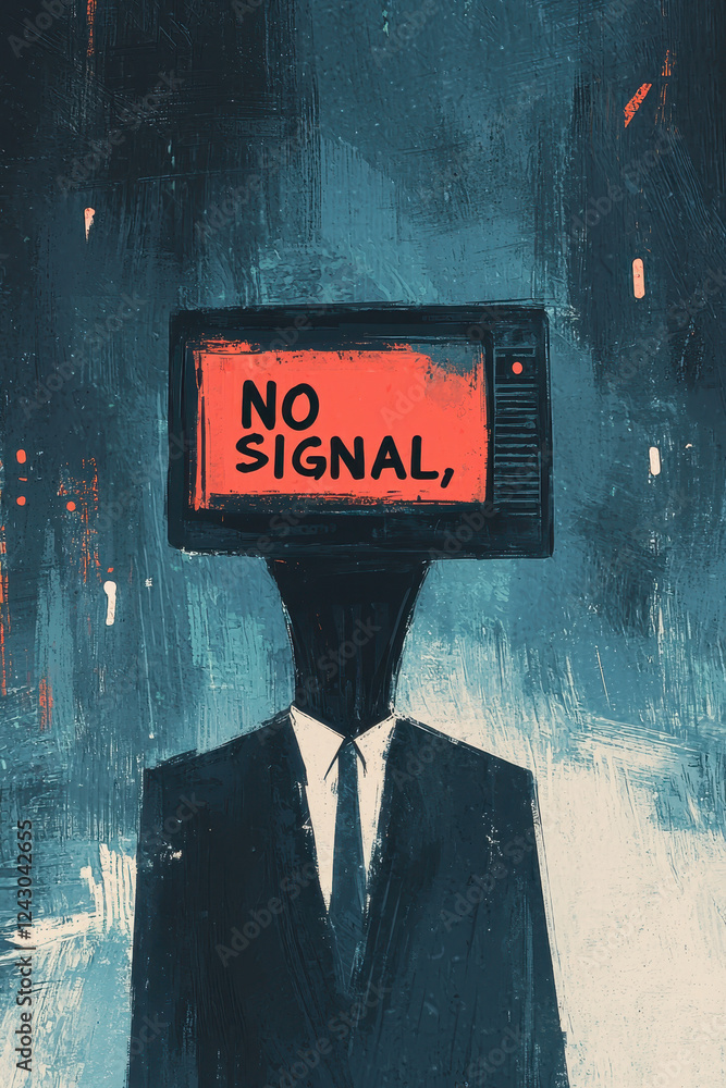Poster conceptual art of faceless figure with tv head and no signal display resonates with modern society's