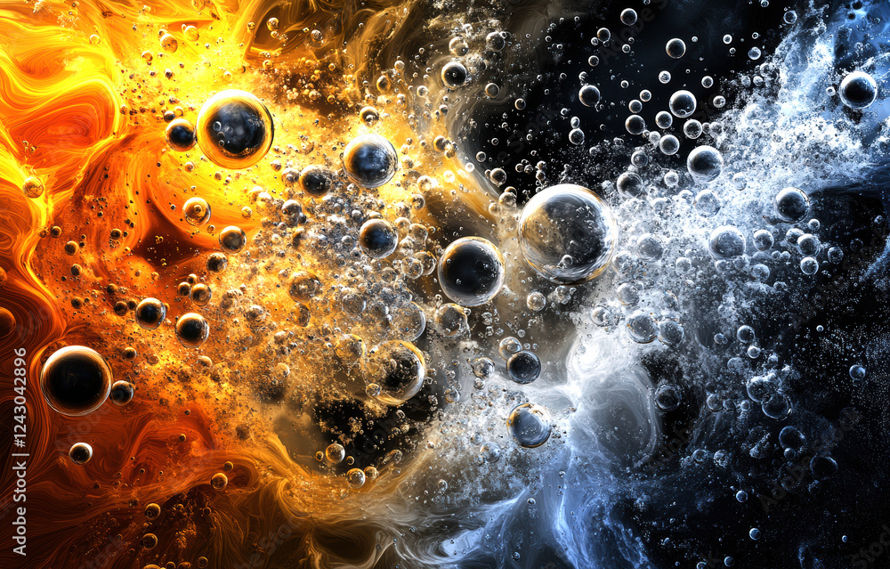 Poster a captivating visual of swirling colors where vibrant oranges and blacks merge with icy blues and wh