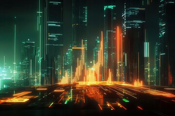 futuristic 3d financial data visualization, glowing neon lines forming rising graphs against dark cityscape backdrop, dynamic composition