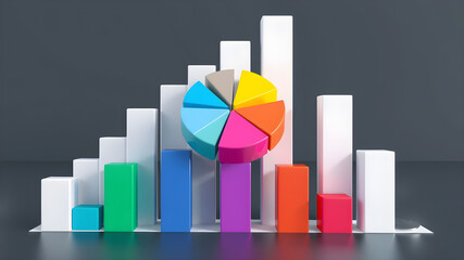 Multi colored pie chart by bar graphs, 3D illustration. Generative AI