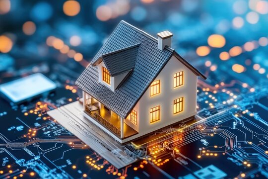 A digital property marketplace using blockchain technology, buyers purchasing real estate assets securely via cryptocurrency transactions