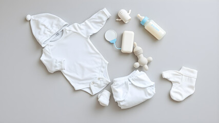 Obraz premium Newborn white bodysuit, hat, mittens, socks, diaper, soother, milk bottle, diaper and rattle toy on light gray blanket background. Baby goods set. Empty place for text. Generative AI