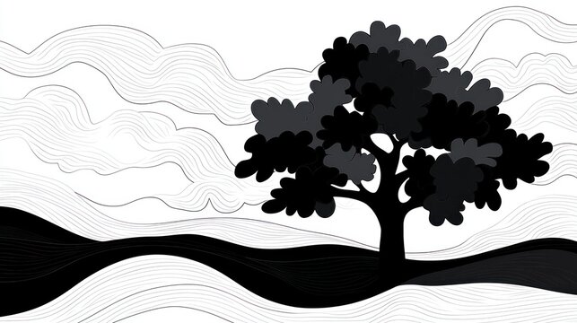 Solitary tree on rolling hills, abstract cloudscape, nature design, website banner