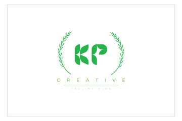 KP letters eco logo with leaf. Fresh nature and healthy leaf logo design.