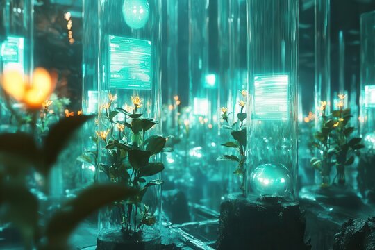 futuristic bioluminescent garden with floating holographic plant data displays, crystal pods nurturing seedlings amid soft teal light and translucent digital interfaces
