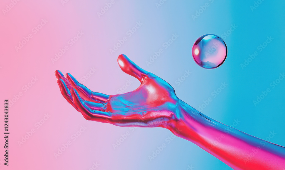 Poster explore a surreal abstract scene with a neon hand and floating bubble set against a vibrant pink to 