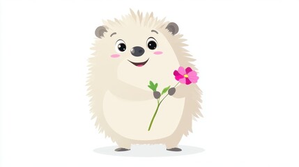 Obraz premium Cute cartoon hedgehog holding a pink flower on a white background vector illustration