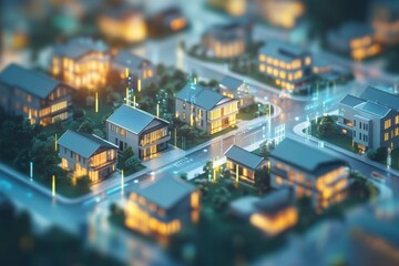 Obraz premium A digital property marketplace using blockchain technology, buyers purchasing real estate assets securely via cryptocurrency transactions