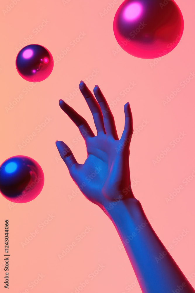 Poster surreal artistic expression of vibrant colors and mysterious hand in a dreamlike floating sphere com