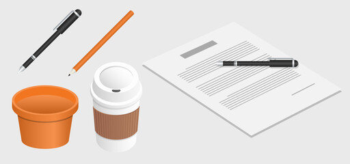 Workspace Essentials Documents, Writing Tools, Coffee Cup and Plant Pot