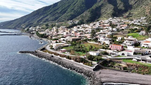 Aerial View of Salina Island - Santa Marina Salina, A Scenic Coastal Town in the Aeolian Islands, Tyrrhenian Sea, Sicily, Italy.