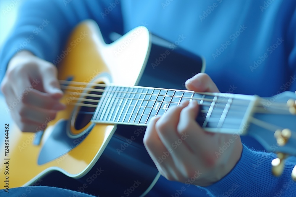 Poster a close-up of a person playing an acoustic guitar, focusing on their hands and the instrument. the b