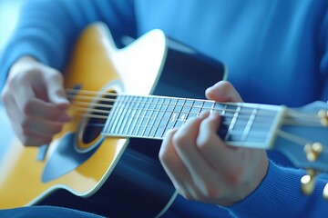 A close-up of a person playing an acoustic guitar, focusing on their hands and the instrument. The background is softly blurred, emphasizing the music-making process. 3d rendering.