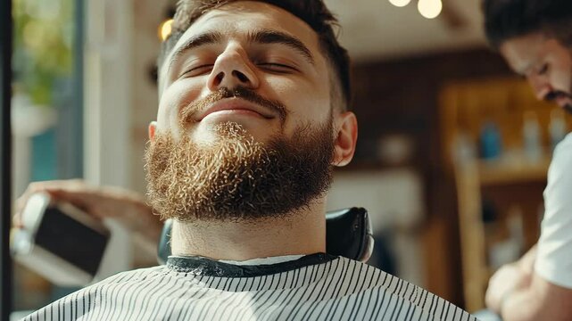 Man enjoys beard grooming session in a modern barber shop during daylight hours