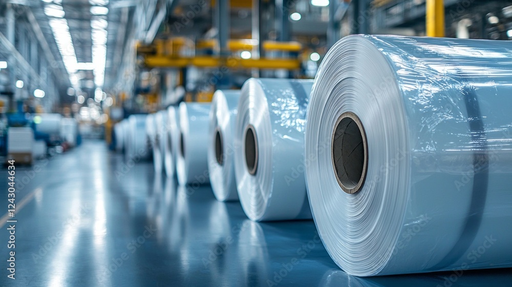 Poster in a spacious factory, numerous large rolls of white material are neatly arranged, reflecting bright