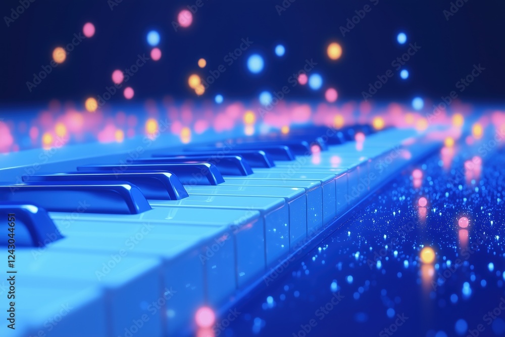 Poster a close-up view of a piano keyboard with glowing lights in the background, creating a magical atmosp