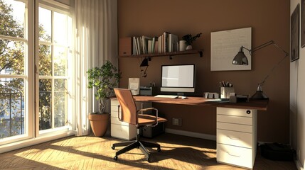 Sunlit Modern Home Office with Wooden Desk