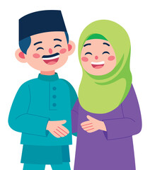 Happy Muslim Couple with smiling in traditional attire flat graphic illustration