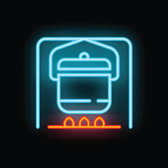 Neon sign is glowing in the dark, representing a cooking pot hanging over fire