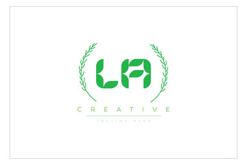 LA letters eco logo with leaf. Fresh nature and healthy leaf logo design.