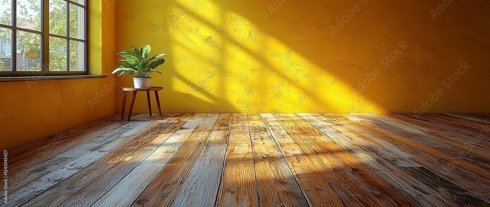 Poster a 3d background featuring an empty corner in a yellow room, showcasing a clean modern wall and floor