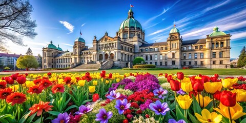 Legislative Assembly of British Columbia Surrounded by a Garden Full of Colorful Flowers