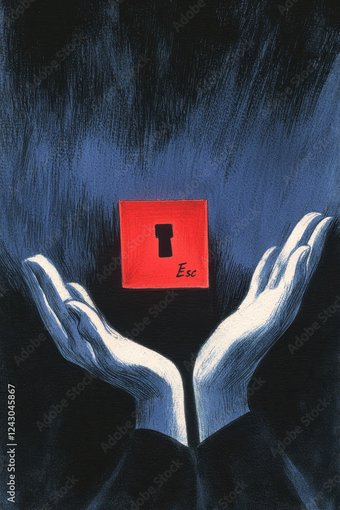 Poster intriguing conceptual artwork depicting the power of escape: hands reaching for the mysterious red k