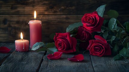Red roses flower bouquet on rustic wood