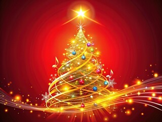 Magical Christmas Tree With Musical Notes And Golden Glow On Red Background