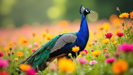 Obraz premium Majestic Peacock in Floral Field - AI Photo