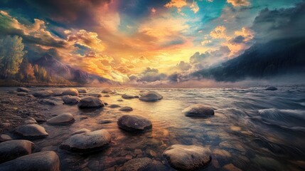 Majestic sunset over mountain river, calm water, rocks, clouds
