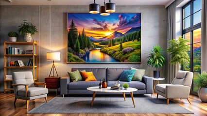 Modern Living Room Interior with Wall Poster Frame and Decor