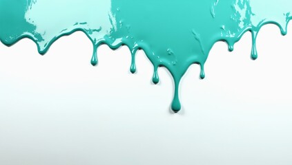 Fototapeta premium Image of thick, dense cyan paint dripping vertically onto a white wall with copy space.