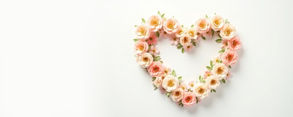 Bouquet of flowers in pastel colours forming the symbol of a heart, on a gradient background in soft tones.